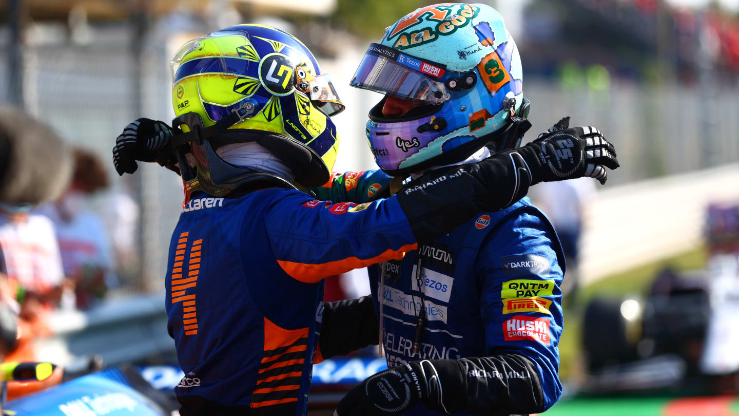 MONZA, ITALY - SEPTEMBER 12: Race winner Daniel Ricciardo of Australia and McLaren F1 and second placed Lando Norris of Great Britain and McLaren F1 celebrate in parc ferme during the F1 Grand Prix of Italy at Autodromo di Monza on September 12, 2021 in Monza, Italy. (Photo by Dan Istitene - Formula 1/Formula 1 via Getty Images)