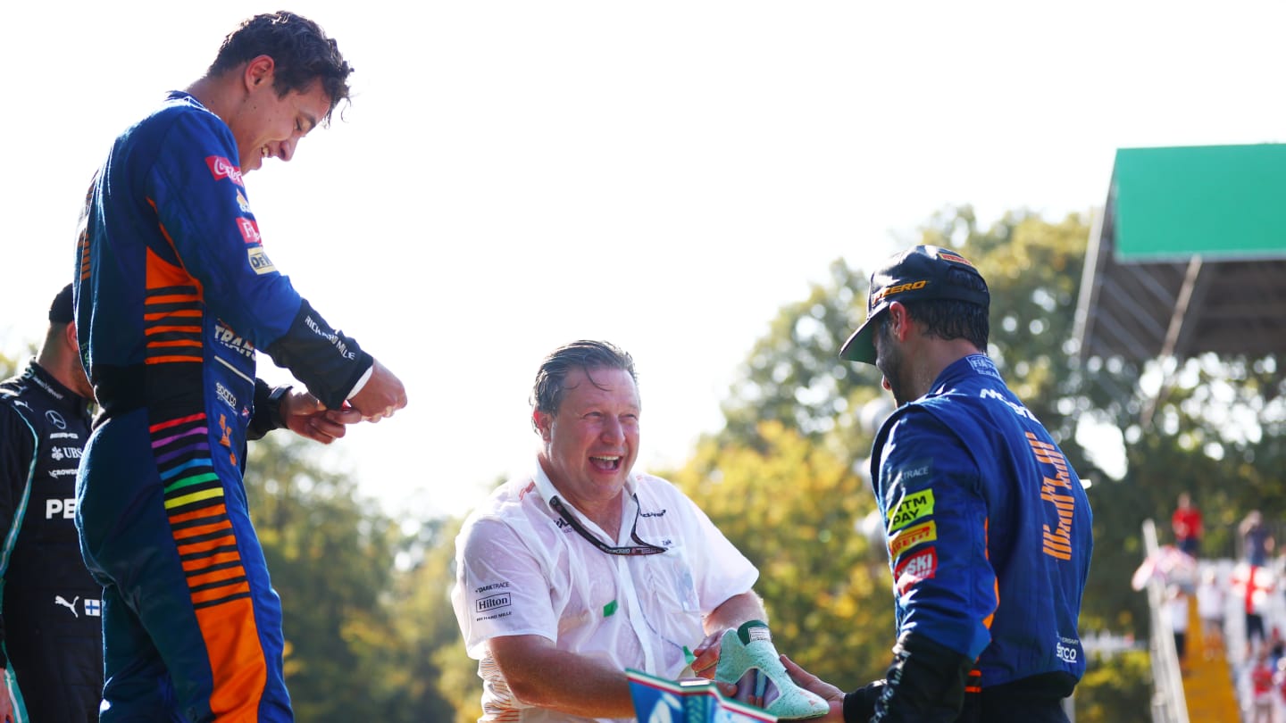 MONZA, ITALY - SEPTEMBER 12: Race winner Daniel Ricciardo of Australia and McLaren F1, second