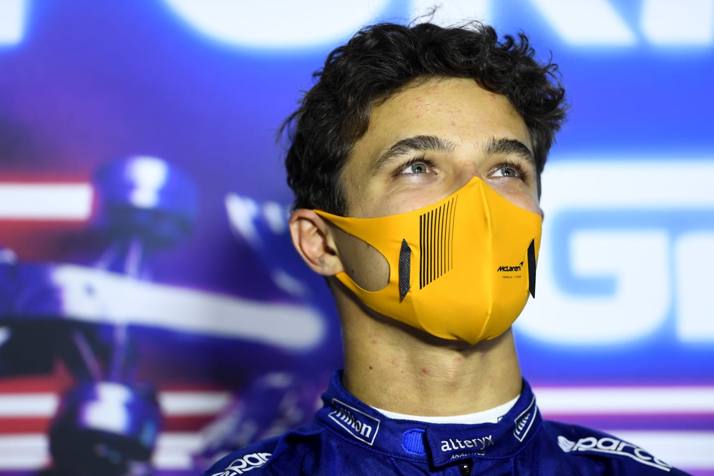 MONZA, ITALY - SEPTEMBER 12: Second placed Lando Norris of Great Britain and McLaren F1 talks in the press conference after the F1 Grand Prix of Italy at Autodromo di Monza on September 12, 2021 in Monza, Italy. (Photo by Rudy Carezzevoli/Getty Images)