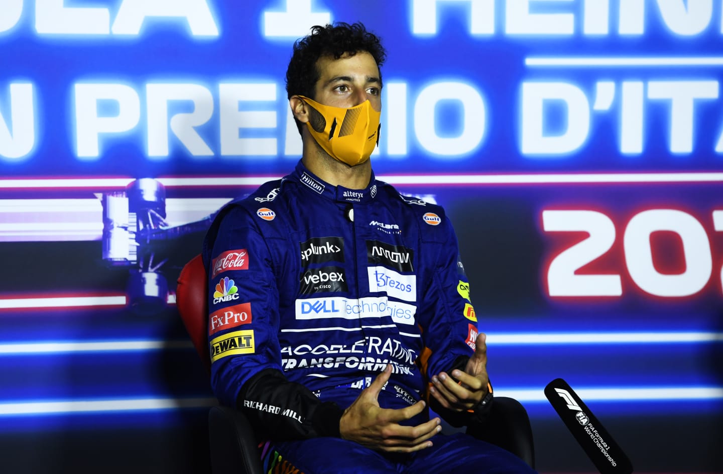 MONZA, ITALY - SEPTEMBER 12: Race winner Daniel Ricciardo of Australia and McLaren F1 talks in the press conference after the F1 Grand Prix of Italy at Autodromo di Monza on September 12, 2021 in Monza, Italy. (Photo by Rudy Carezzevoli/Getty Images)