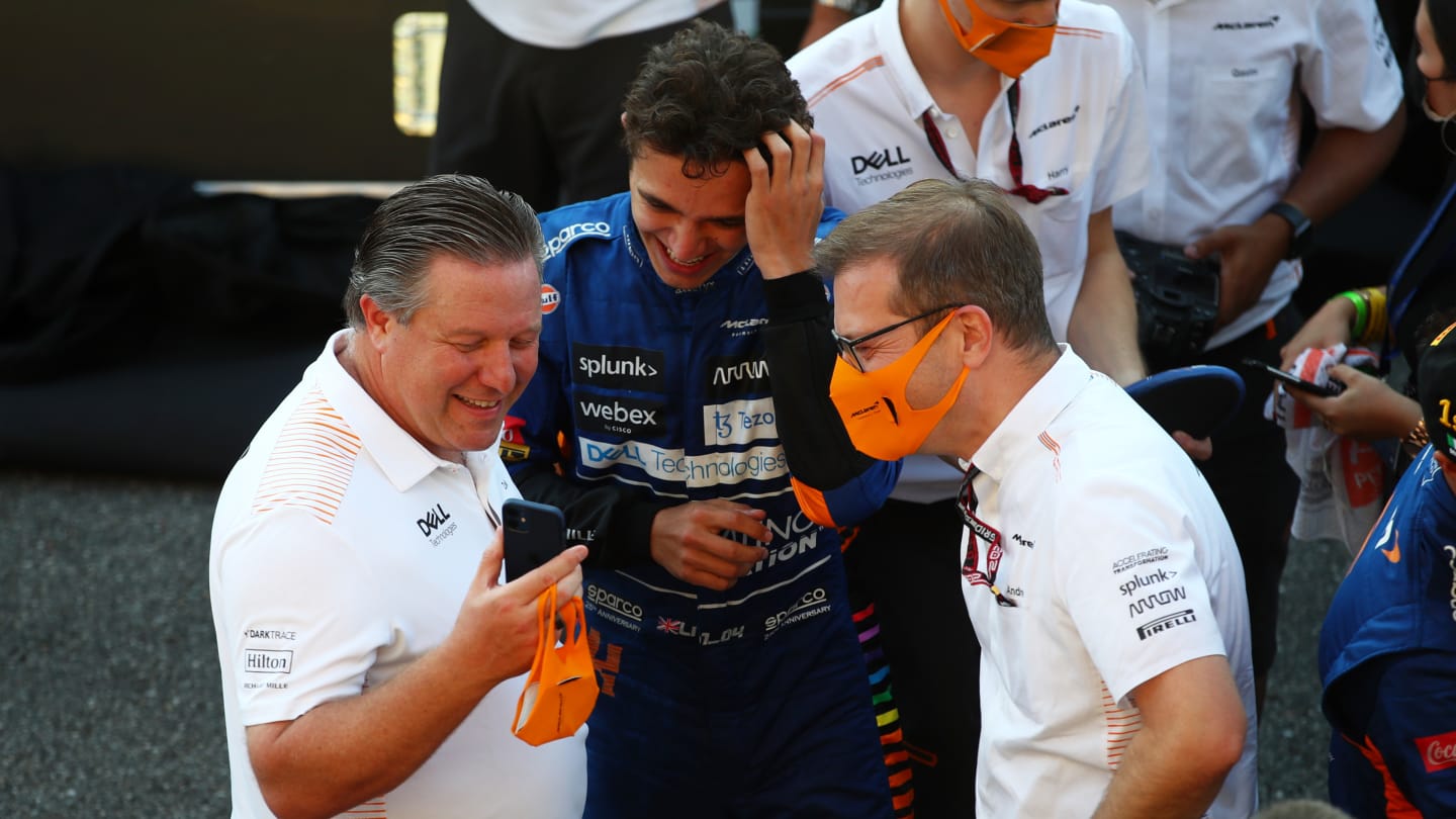 MONZA, ITALY - SEPTEMBER 12: Second placed Lando Norris of Great Britain and McLaren F1 celebrates