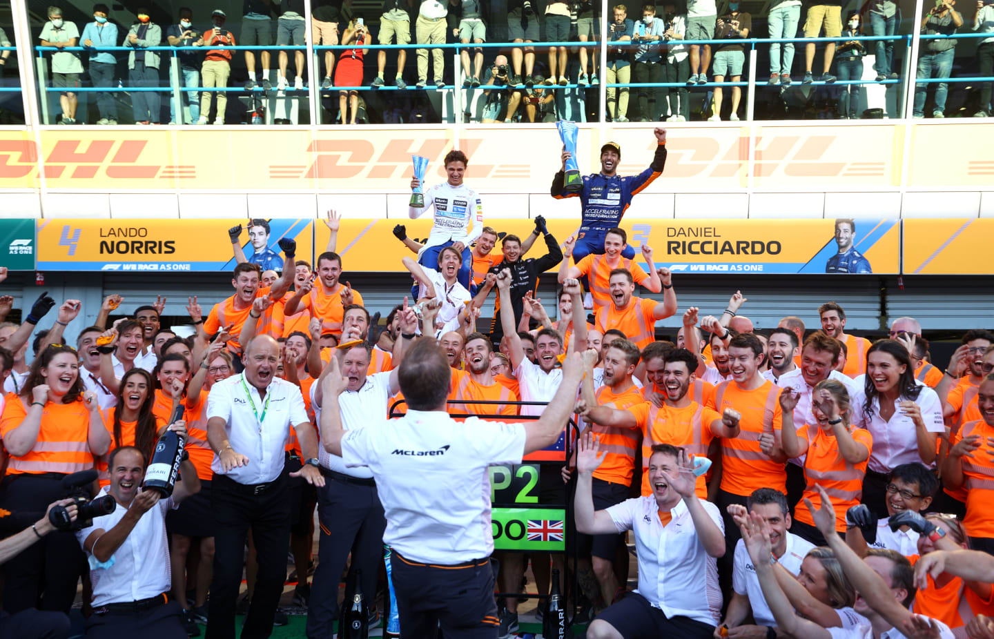 MONZA, ITALY - SEPTEMBER 12: Race winner Daniel Ricciardo of Australia and McLaren F1 and second