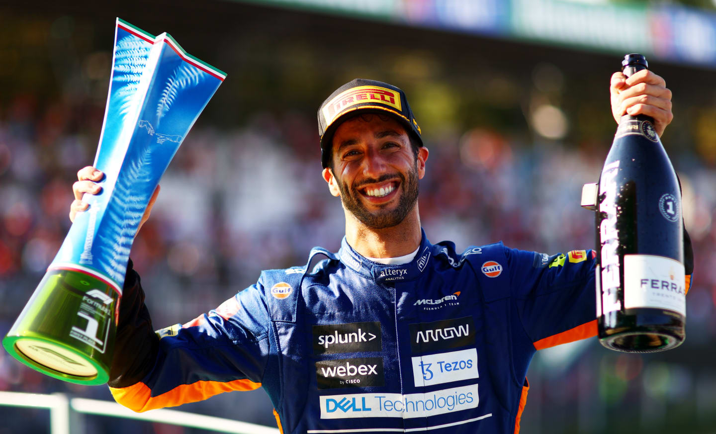 MONZA, ITALY - SEPTEMBER 12:  Daniel Ricciardo of Australia and McLaren celebrates on the podium