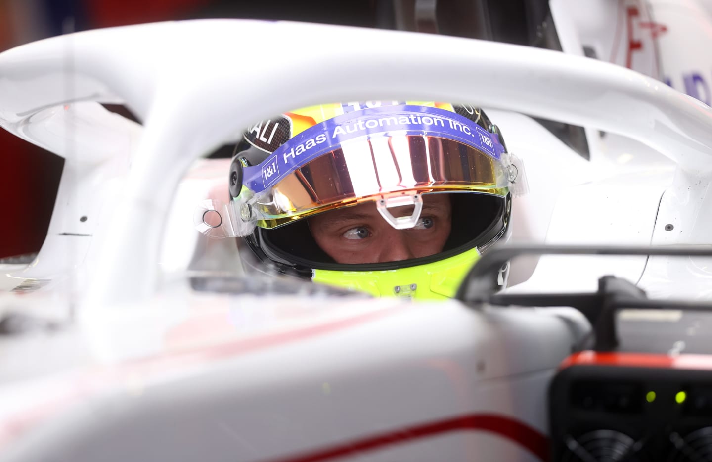 MEXICO CITY, MEXICO: Mick Schumacher of Germany and Haas F1 prepares to drive in the garage ahead of the F1 Grand Prix of Mexico at Autodromo Hermanos Rodriguez (Photo by Lars Baron/Getty Images)