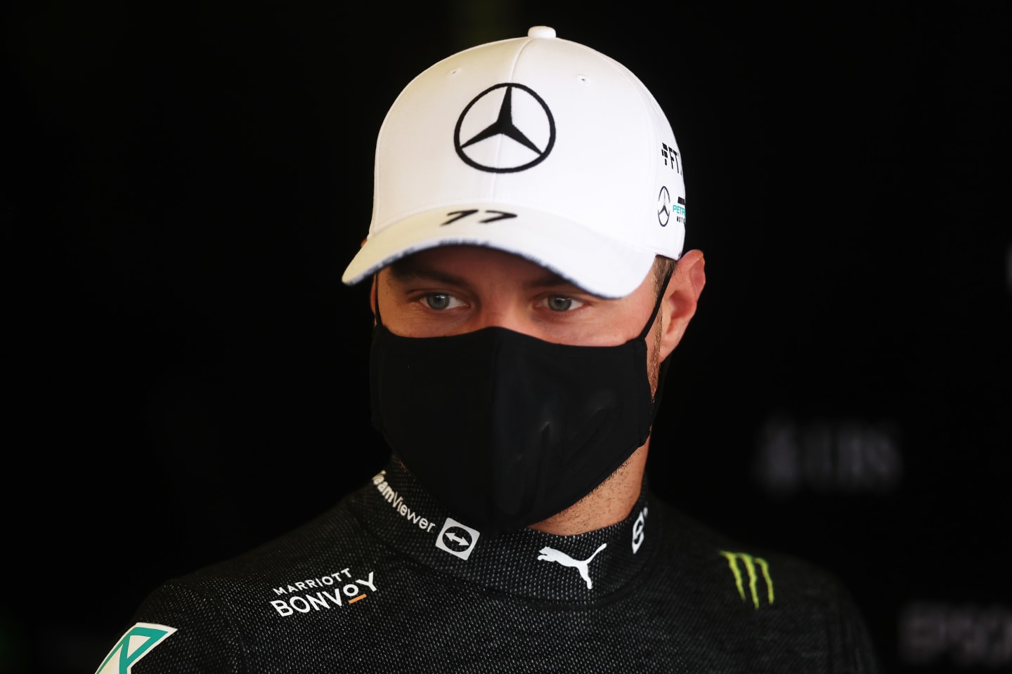 MEXICO CITY, MEXICO - NOVEMBER 05: Valtteri Bottas of Finland and Mercedes GP looks on in the garage during practice ahead of the F1 Grand Prix of Mexico at Autodromo Hermanos Rodriguez on November 05, 2021 in Mexico City, Mexico. (Photo by Lars Baron/Getty Images)