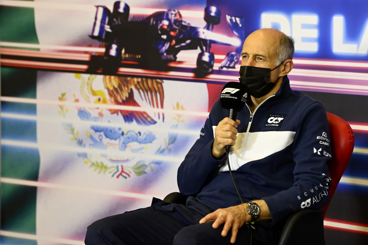 MEXICO CITY, MEXICO - NOVEMBER 05: Scuderia AlphaTauri Team Principal Franz Tost talks in the Team Principals Press Conference during practice ahead of the F1 Grand Prix of Mexico at Autodromo Hermanos Rodriguez on November 05, 2021 in Mexico City, Mexico. (Photo by Mark Sutton - Pool/Getty Images)