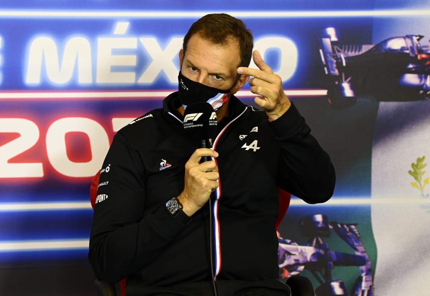 MEXICO CITY, MEXICO - NOVEMBER 05: Laurent Rossi, CEO of Alpine F1 talks in the Team Principals Press Conference during practice ahead of the F1 Grand Prix of Mexico at Autodromo Hermanos Rodriguez on November 05, 2021 in Mexico City, Mexico. (Photo by Mark Sutton - Pool/Getty Images)