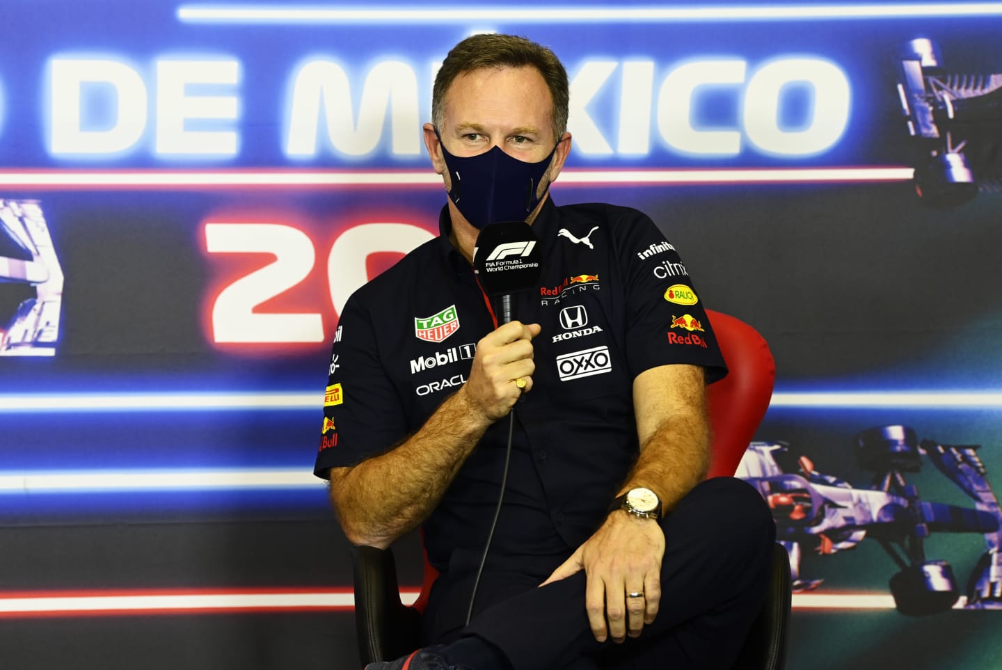 MEXICO CITY, MEXICO - NOVEMBER 05: Red Bull Racing Team Principal Christian Horner talks in the Team Principals Press Conference during practice ahead of the F1 Grand Prix of Mexico at Autodromo Hermanos Rodriguez on November 05, 2021 in Mexico City, Mexico. (Photo by Mark Sutton - Pool/Getty Images)