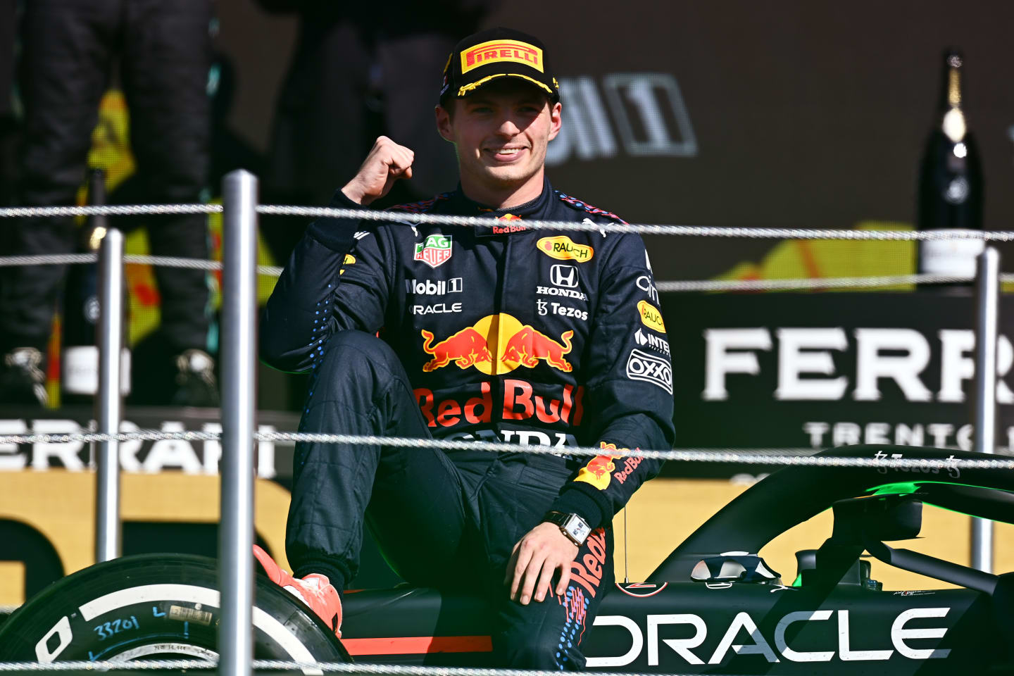 MEXICO CITY, MEXICO - NOVEMBER 07: Race winner Max Verstappen of Netherlands and Red Bull Racing celebrates on the podium during the F1 Grand Prix of Mexico at Autodromo Hermanos Rodriguez on November 07, 2021 in Mexico City, Mexico. (Photo by Clive Mason/Getty Images)