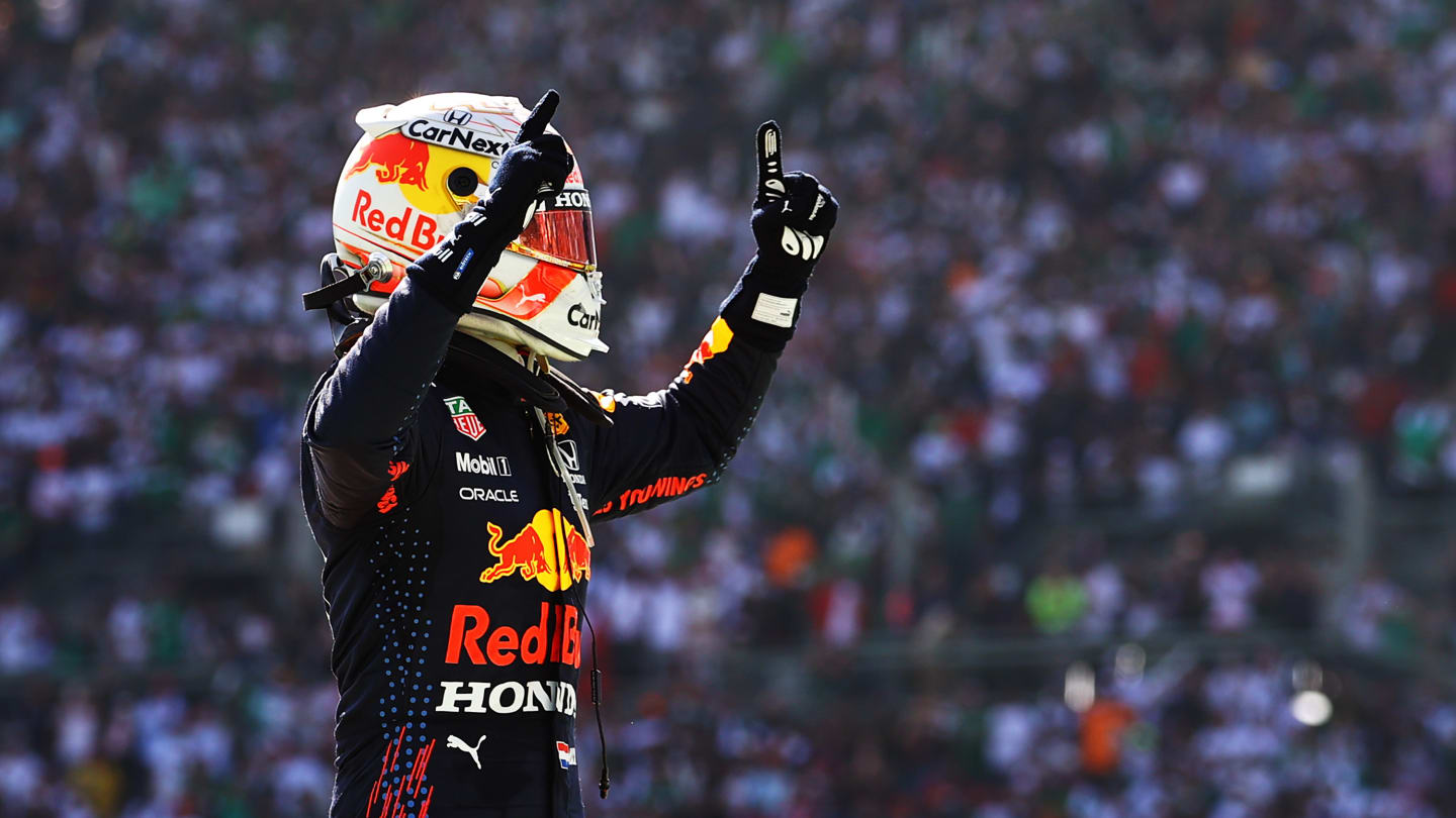 MEXICO CITY, MEXICO - NOVEMBER 07: Race winner Max Verstappen of Netherlands and Red Bull Racing celebrates in parc ferme during the F1 Grand Prix of Mexico at Autodromo Hermanos Rodriguez on November 07, 2021 in Mexico City, Mexico. (Photo by Bryn Lennon - Formula 1/Formula 1 via Getty Images)