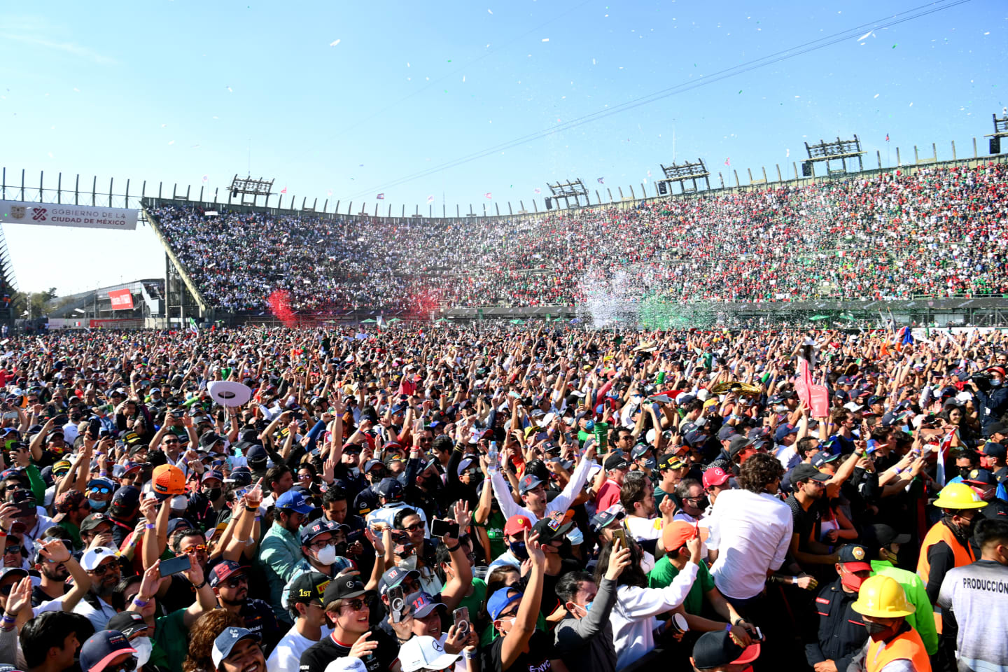 MEXICO CITY, MEXICO - NOVEMBER 07: Fans celebrate at the podium celebrations during the F1 Grand