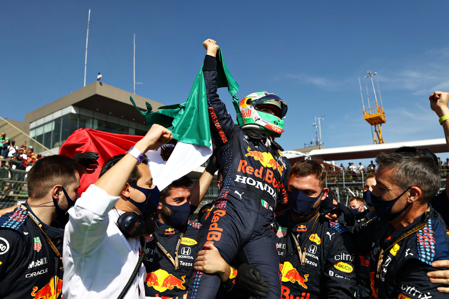 MEXICO CITY, MEXICO - NOVEMBER 07: Third placed Sergio Perez of Mexico and Red Bull Racing