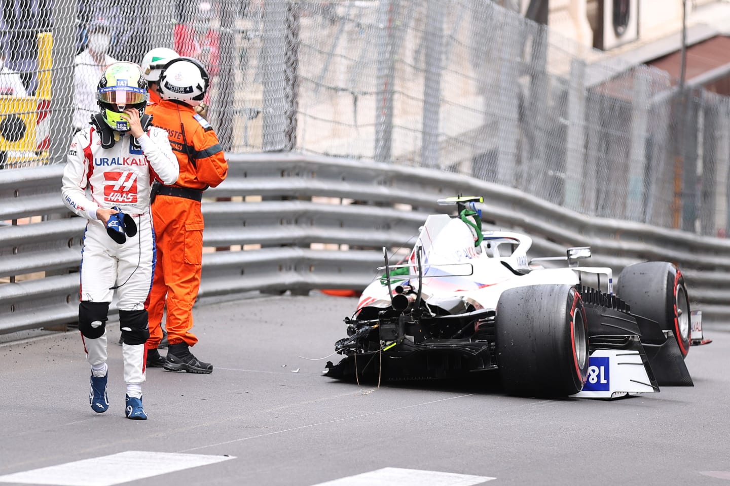 MONTE-CARLO, MONACO - MAY 22: Mick Schumacher of Germany and Haas F1 walks away from his car after crashing during final practice prior to the F1 Grand Prix of Monaco at Circuit de Monaco on May 22, 2021 in Monte-Carlo, Monaco. (Photo by Lars Baron/Getty Images)