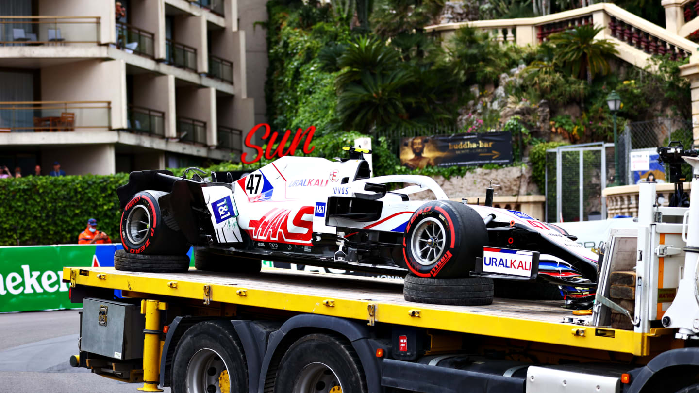 MONTE-CARLO, MONACO - MAY 22: The broken car of Mick Schumacher of Germany and Haas F1 is returned to the pits during final practice prior to the F1 Grand Prix of Monaco at Circuit de Monaco on May 22, 2021 in Monte-Carlo, Monaco. (Photo by Dan Istitene - Formula 1/Formula 1 via Getty Images)