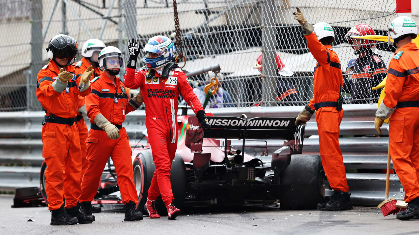 MONTE-CARLO, MONACO - MAY 22: Pole position qualifier Charles Leclerc of Monaco and Ferrari waves to the crowd after crashing during qualifying for the F1 Grand Prix of Monaco at Circuit de Monaco on May 22, 2021 in Monte-Carlo, Monaco. (Photo by Clive Rose - Formula 1/Formula 1 via Getty Images)