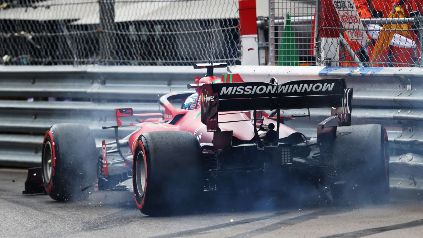 MONTE-CARLO, MONACO - MAY 22: Pole position qualifier Charles Leclerc of Monaco and Ferrari crashes during qualifying for the F1 Grand Prix of Monaco at Circuit de Monaco on May 22, 2021 in Monte-Carlo, Monaco. (Photo by Clive Rose - Formula 1/Formula 1 via Getty Images)