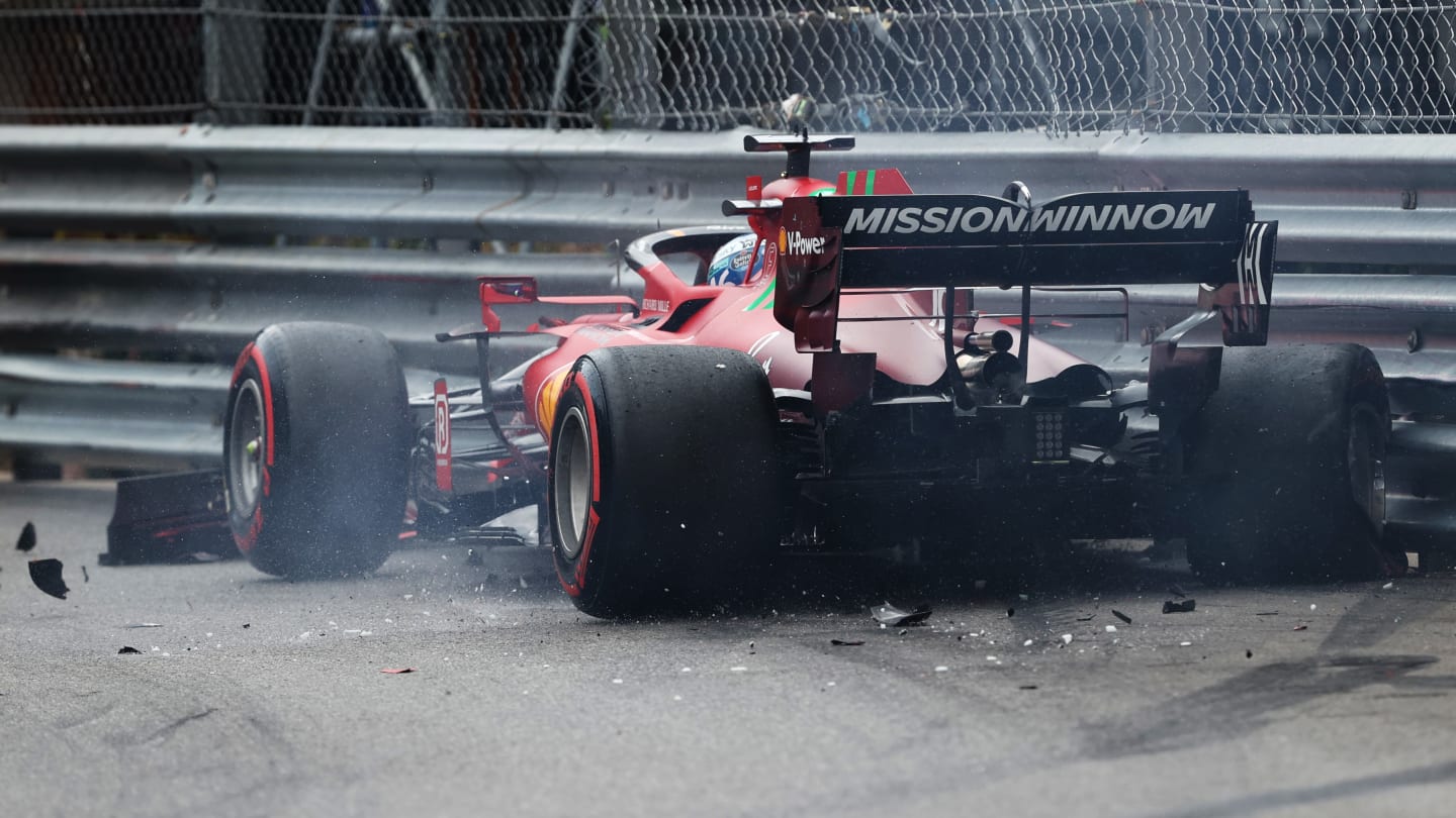 MONTE-CARLO, MONACO - MAY 22: Pole position qualifier Charles Leclerc of Monaco and Ferrari crashes