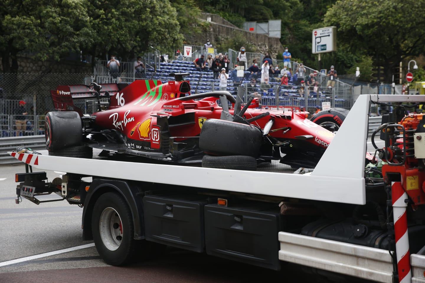 MONTE-CARLO, MONACO - MAY 22: The car of Charles Leclerc of Monaco and Ferrari is seen on the back of a recovery truck after crashing on track during qualifying prior to the F1 Grand Prix of Monaco at Circuit de Monaco on May 22, 2021 in Monte-Carlo, Monaco. (Photo by Sebastien Nogier - Pool/Getty Images)
