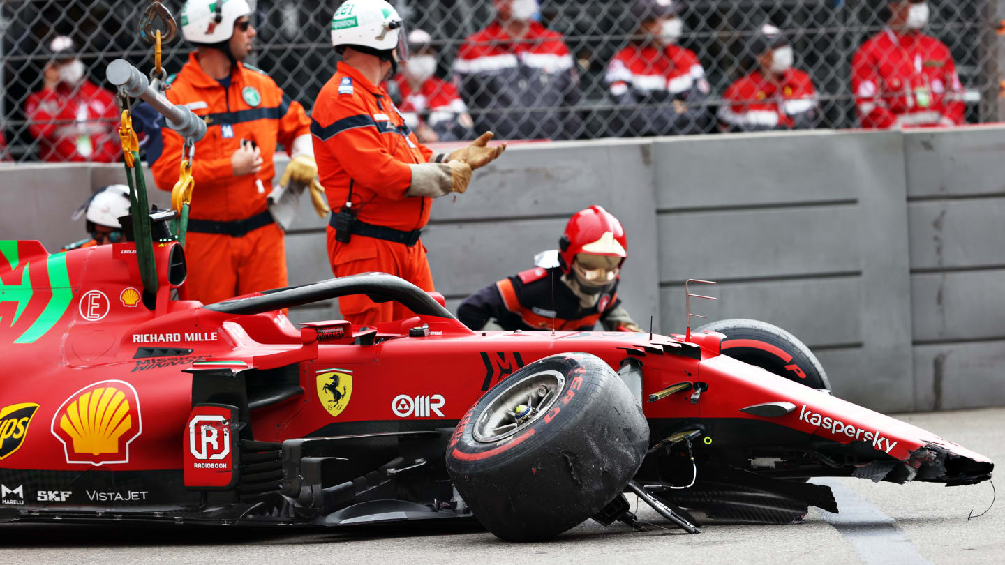 MONTE-CARLO, MONACO - MAY 22: The broken car of Charles Leclerc of Monaco and Ferrari is pictured