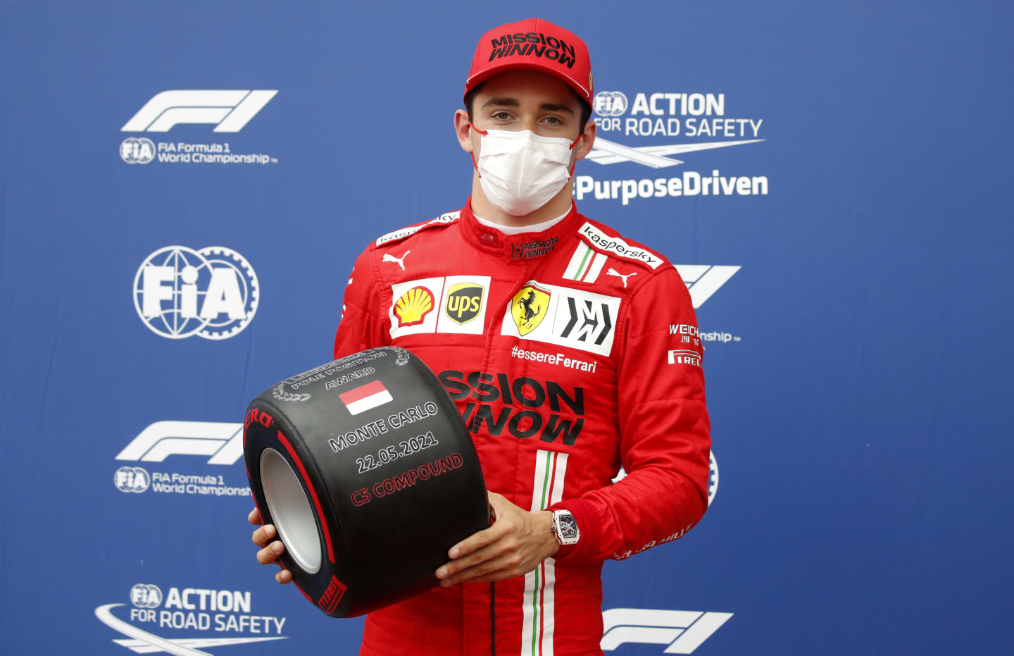 MONTE-CARLO, MONACO - MAY 22: Pole position qualifier Charles Leclerc of Monaco and Ferrari poses