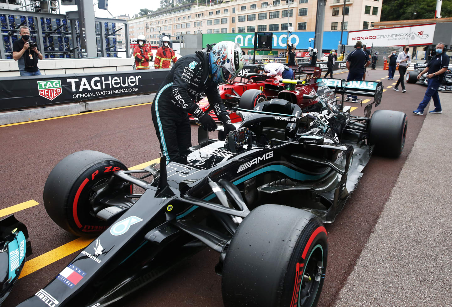 MONTE-CARLO, MONACO - MAY 22: Third placed qualifier Valtteri Bottas of Finland and Mercedes GP climbs out of his car in parc ferme after qualifying prior to the F1 Grand Prix of Monaco at Circuit de Monaco on May 22, 2021 in Monte-Carlo, Monaco. (Photo by Sebastien Nogier - Pool/Getty Images)