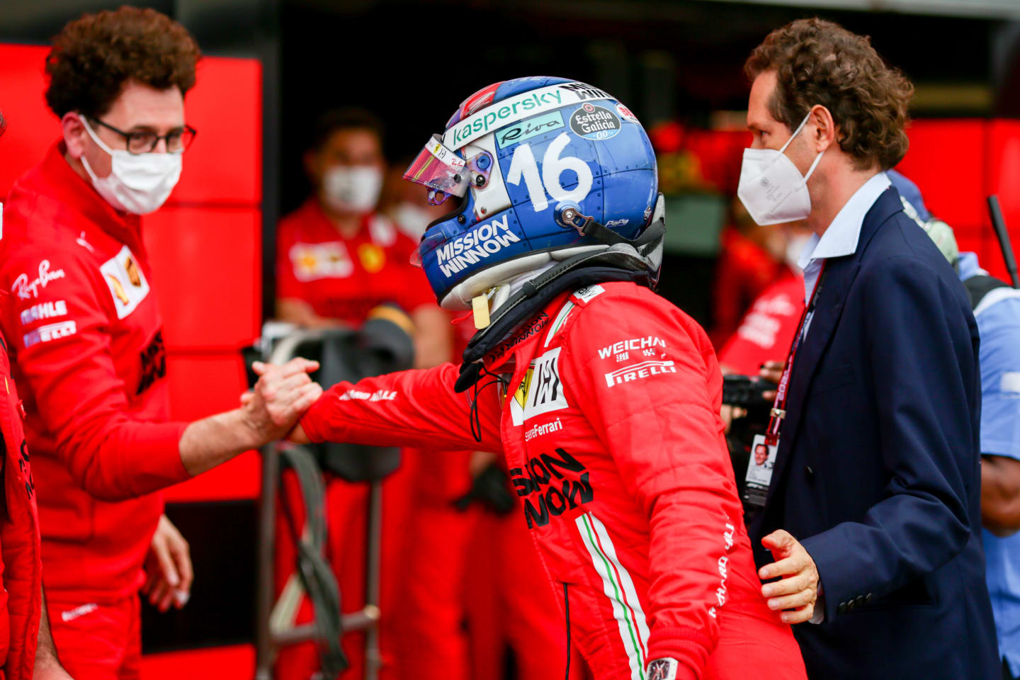 MONTE-CARLO, MONACO - MAY 22: Charles Leclerc of Ferrari and France is congratulated by Mattia Binotto of Italy and Ferrari during practice/qualifying ahead of the F1 Grand Prix of Monaco at Circuit de Monaco on May 22, 2021 in Monte-Carlo, Monaco. (Photo by Peter Fox/Getty Images)