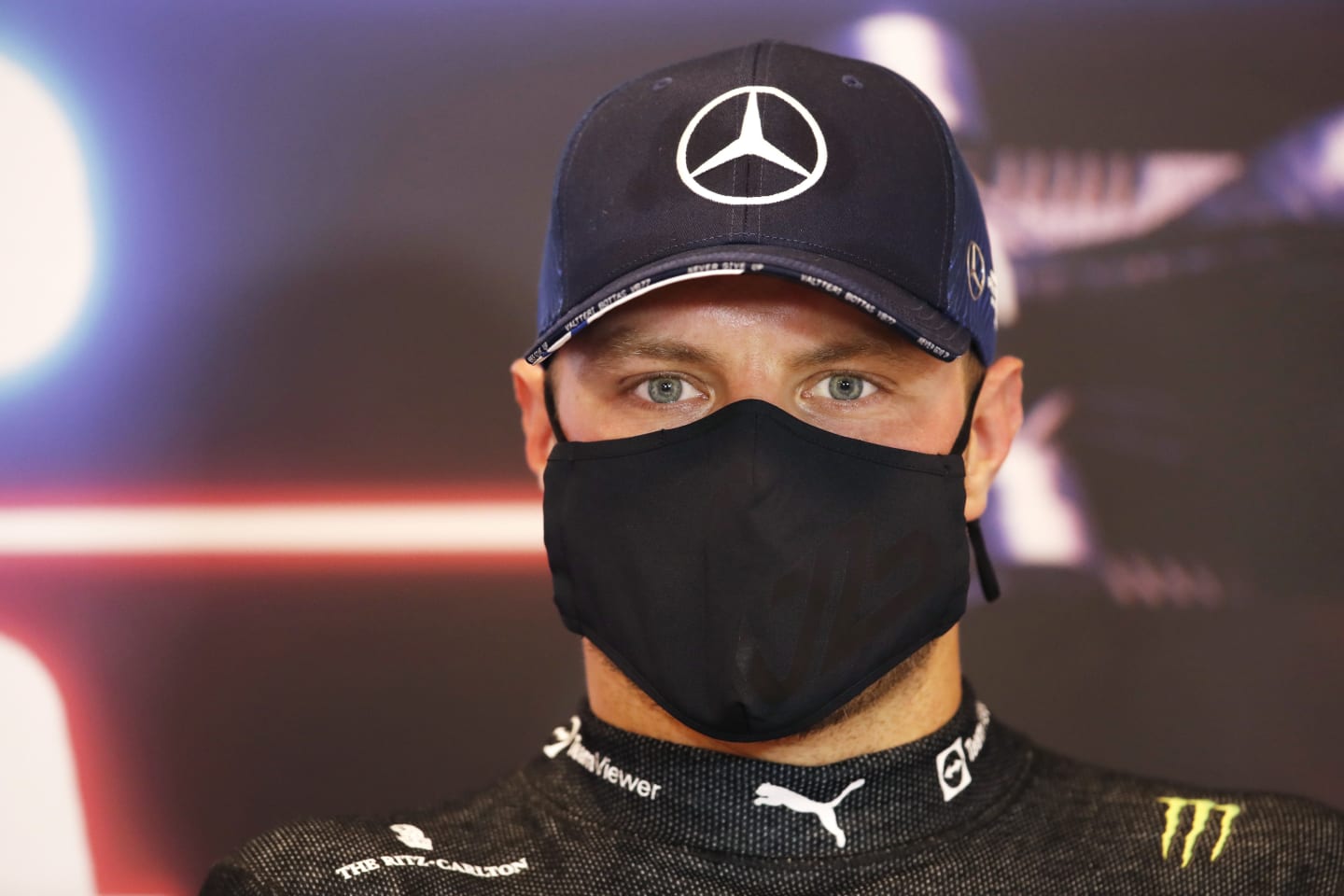 MONTE-CARLO, MONACO - MAY 22: Third placed qualifier Valtteri Bottas of Finland and Mercedes GP talks during a Press Conference after qualifying prior to the F1 Grand Prix of Monaco at Circuit de Monaco on May 22, 2021 in Monte-Carlo, Monaco. (Photo by Pool/Getty Images)