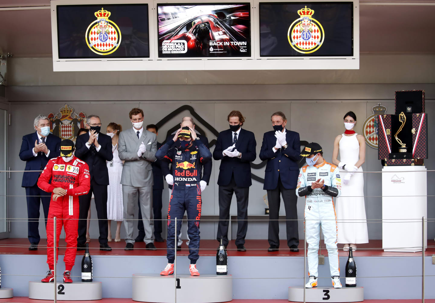 MONTE-CARLO, MONACO - MAY 23: Second placed Carlos Sainz of Spain and Ferrari, race winner Max