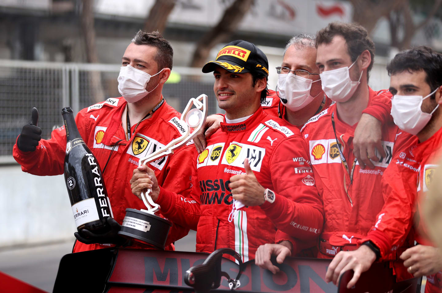 MONTE-CARLO, MONACO - MAY 23: Second placed Carlos Sainz of Spain and Ferrari celebrates with his team in parc ferme during the F1 Grand Prix of Monaco at Circuit de Monaco on May 23, 2021 in Monte-Carlo, Monaco. (Photo by Lars Baron/Getty Images)