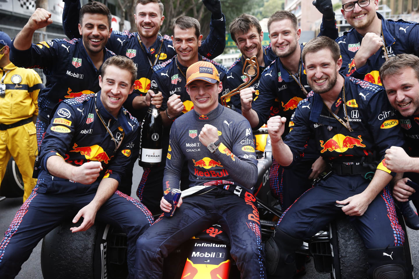 MONTE-CARLO, MONACO - MAY 23: Race winner Max Verstappen of Netherlands and Red Bull Racing celebrates with his team in parc ferme during the F1 Grand Prix of Monaco at Circuit de Monaco on May 23, 2021 in Monte-Carlo, Monaco. (Photo by Sebastian Nogier - Pool/Getty Images)