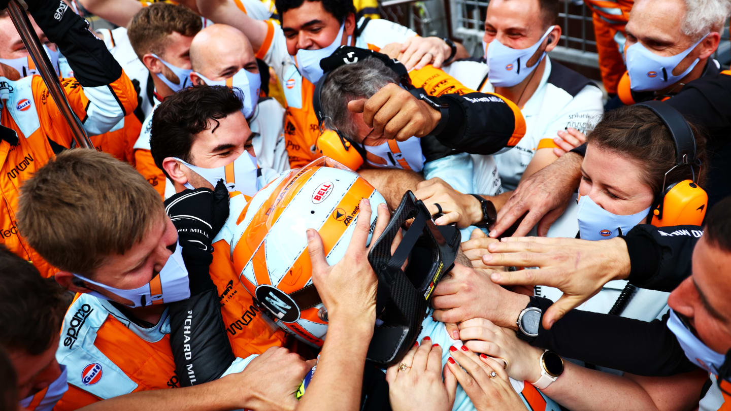 MONTE-CARLO, MONACO - MAY 23: Third placed Lando Norris of Great Britain and McLaren F1 celebrates