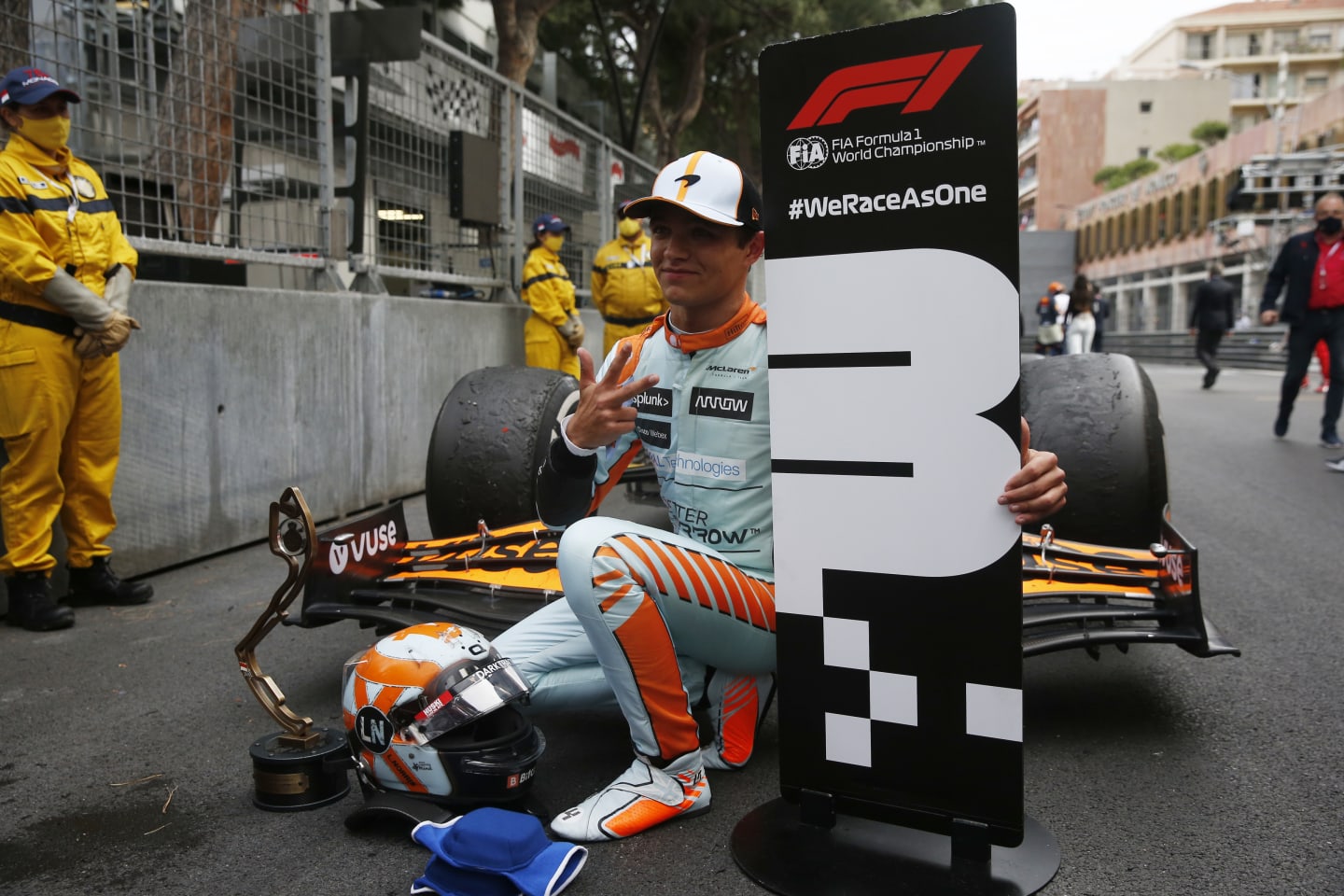 MONTE-CARLO, MONACO - MAY 23: Third placed Lando Norris of Great Britain and McLaren F1 celebrates in parc ferme during the F1 Grand Prix of Monaco at Circuit de Monaco on May 23, 2021 in Monte-Carlo, Monaco. (Photo by Sebastian Nogier - Pool/Getty Images)