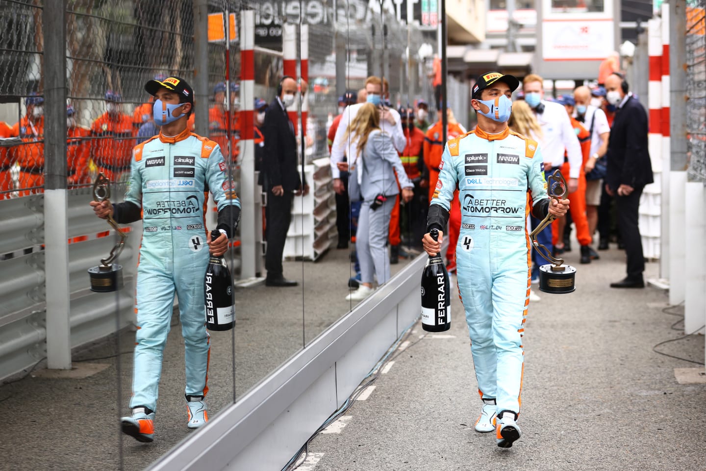 MONTE-CARLO, MONACO - MAY 23: Third placed Lando Norris of Great Britain and McLaren F1 walks in parc ferme after the F1 Grand Prix of Monaco at Circuit de Monaco on May 23, 2021 in Monte-Carlo, Monaco. (Photo by Bryn Lennon/Getty Images)