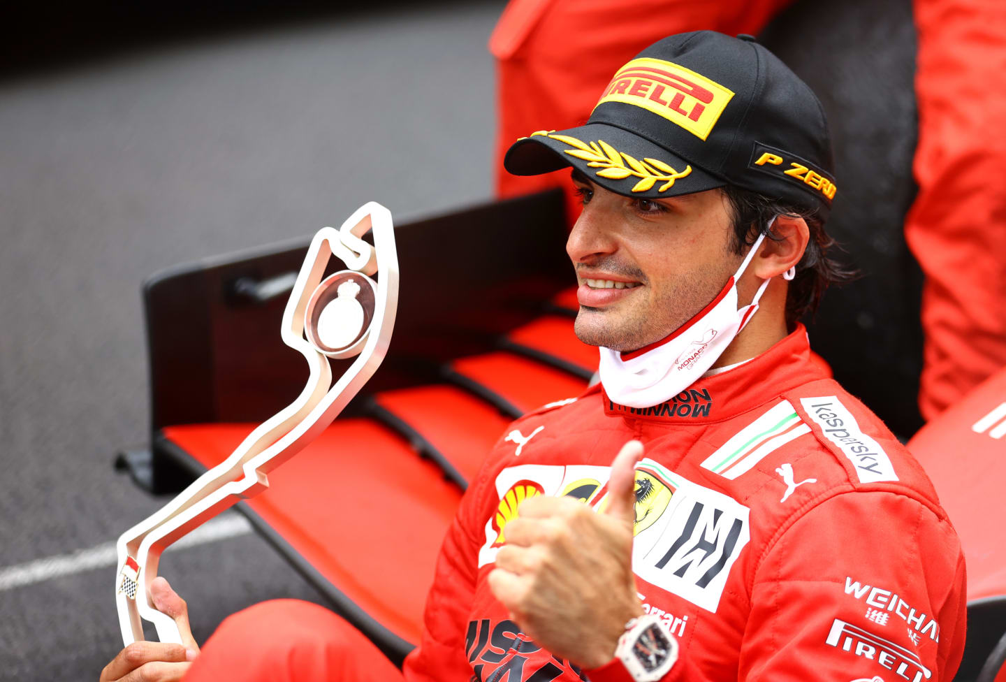 MONTE-CARLO, MONACO - MAY 23: Second placed Carlos Sainz of Spain and Ferrari celebrates in parc ferme during the F1 Grand Prix of Monaco at Circuit de Monaco on May 23, 2021 in Monte-Carlo, Monaco. (Photo by Bryn Lennon/Getty Images)