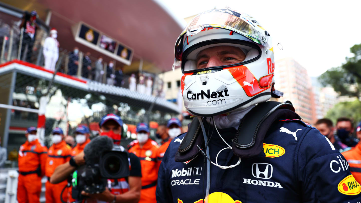 MONTE-CARLO, MONACO - MAY 23: Race winner Max Verstappen of Netherlands and Red Bull Racing celebrates in parc ferme during the F1 Grand Prix of Monaco at Circuit de Monaco on May 23, 2021 in Monte-Carlo, Monaco. (Photo by Dan Istitene - Formula 1/Formula 1 via Getty Images)