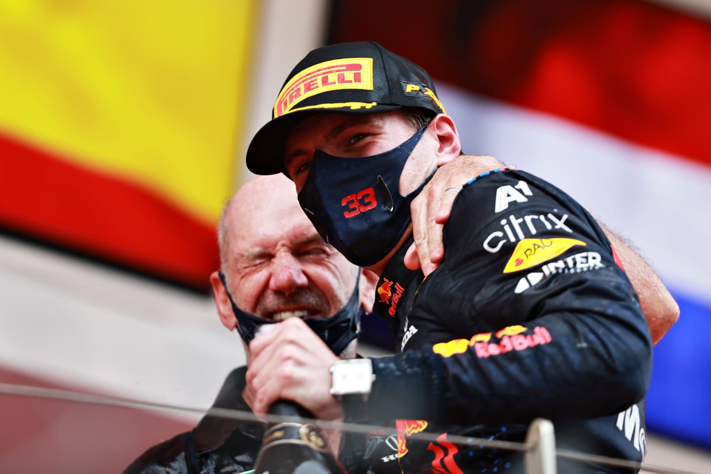 MONTE-CARLO, MONACO - MAY 23: Race winner Max Verstappen of Netherlands and Red Bull Racing and Adrian Newey, the Chief Technical Officer of Red Bull Racing celebrate on the podium during the F1 Grand Prix of Monaco at Circuit de Monaco on May 23, 2021 in Monte-Carlo, Monaco. (Photo by Mark Thompson/Getty Images)