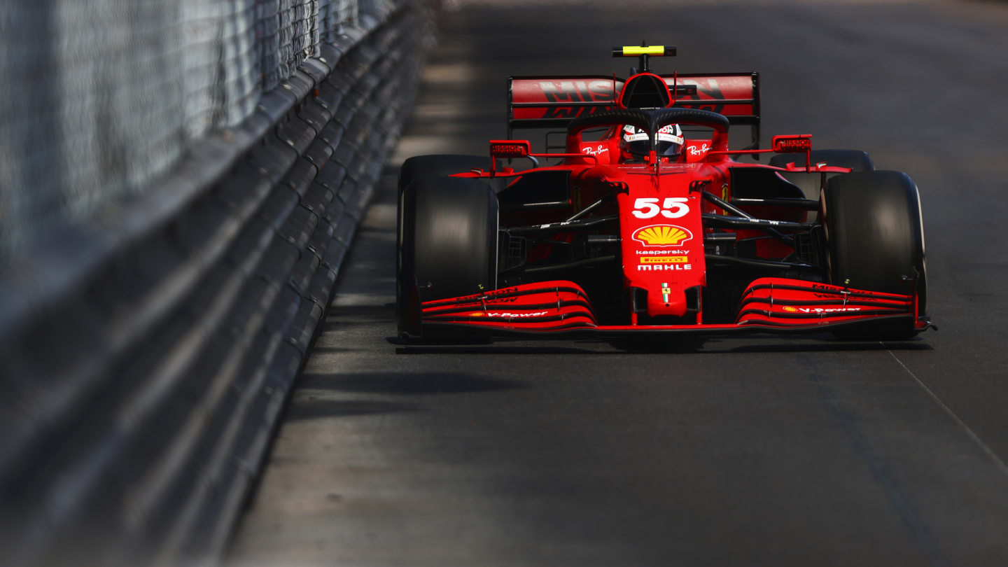 MONTE-CARLO, MONACO - MAY 23: Carlos Sainz of Spain driving the (55) Scuderia Ferrari SF21 on track