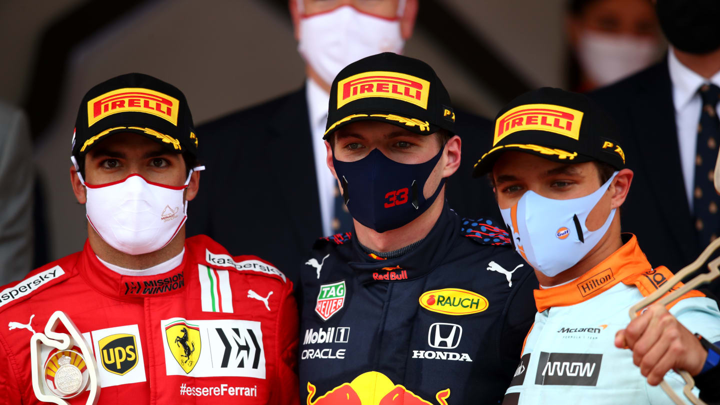 MONTE-CARLO, MONACO - MAY 23: Second placed Carlos Sainz of Spain and Ferrari, race winner Max