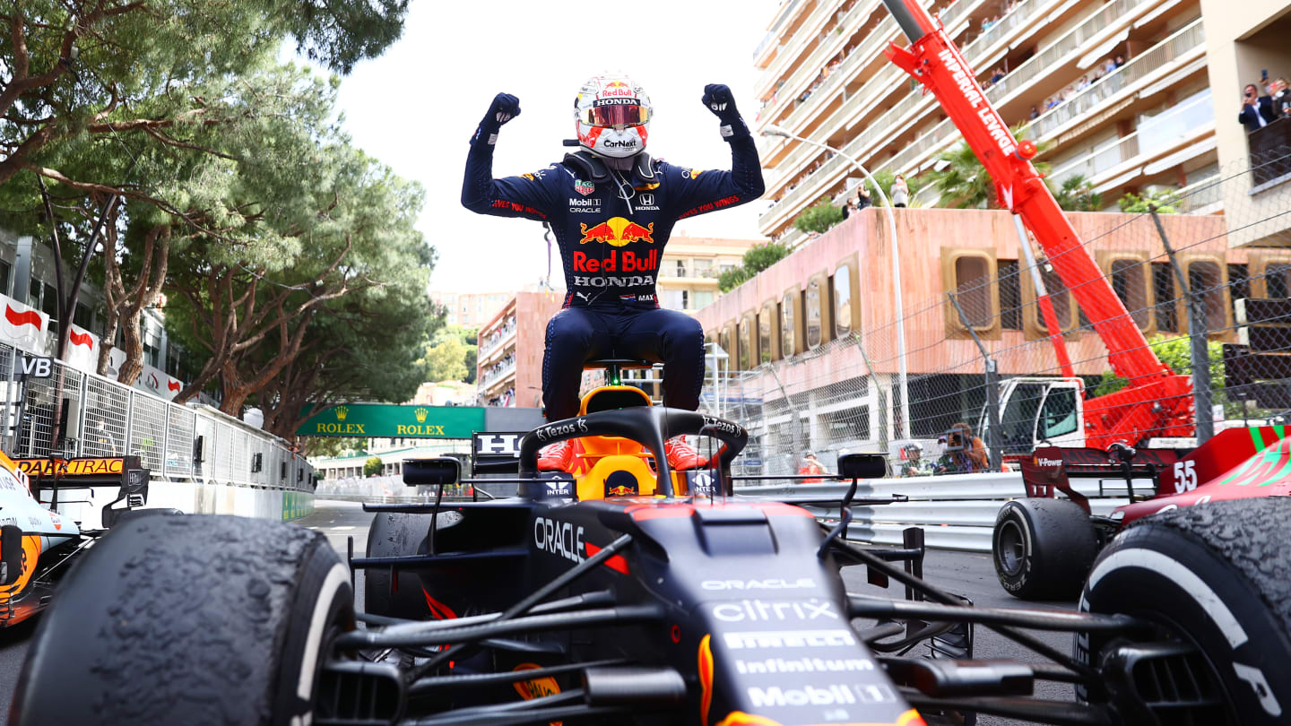 MONTE-CARLO, MONACO - MAY 23:  Max Verstappen of the Netherlands and Red Bull Racing celebrates