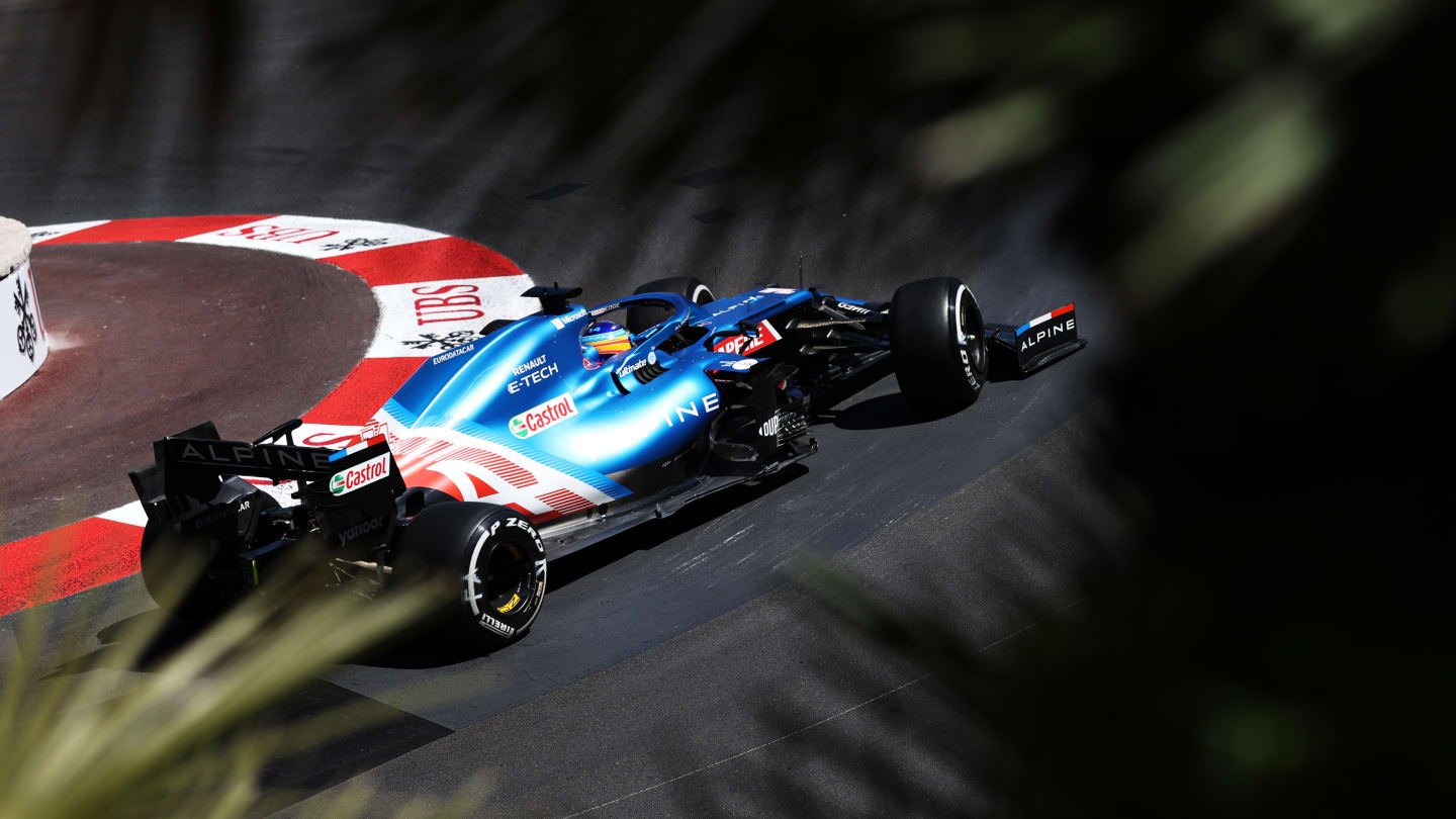 MONTE-CARLO, MONACO - MAY 20: Fernando Alonso of Spain driving the (14) Alpine A521 Renault during practice ahead of the F1 Grand Prix of Monaco at Circuit de Monaco on May 20, 2021 in Monte-Carlo, Monaco. (Photo by Clive Rose - Formula 1/Formula 1 via Getty Images)