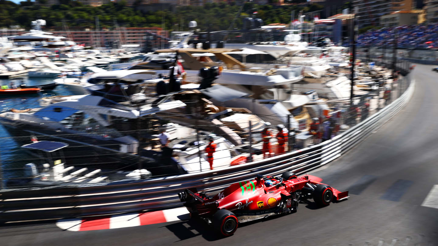 MONTE-CARLO, MONACO - MAY 20: Charles Leclerc of Monaco driving the (16) Scuderia Ferrari SF21