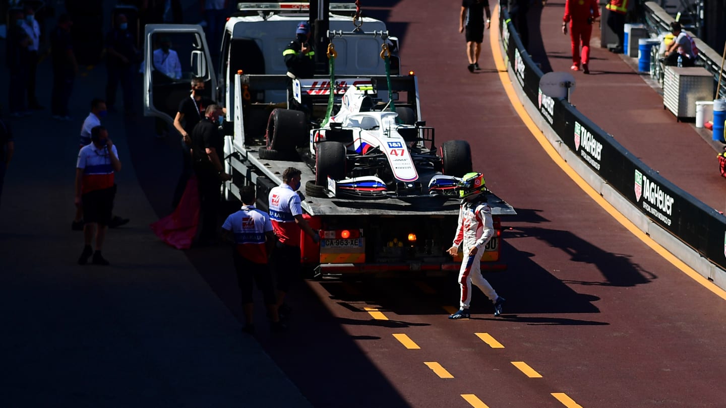 MONTE-CARLO, MONACO - MAY 20: Mick Schumacher of Germany and Haas F1 walks past his car on a tow truck after stopping on track during practice ahead of the F1 Grand Prix of Monaco at Circuit de Monaco on May 20, 2021 in Monte-Carlo, Monaco. (Photo by Mario Renzi - Formula 1/Formula 1 via Getty Images)