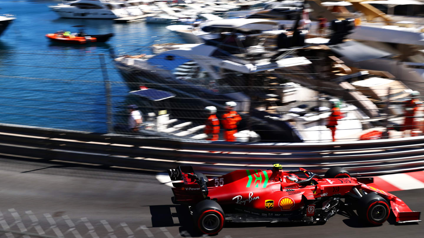 MONTE-CARLO, MONACO - MAY 20: Carlos Sainz of Spain driving the (55) Scuderia Ferrari SF21 during