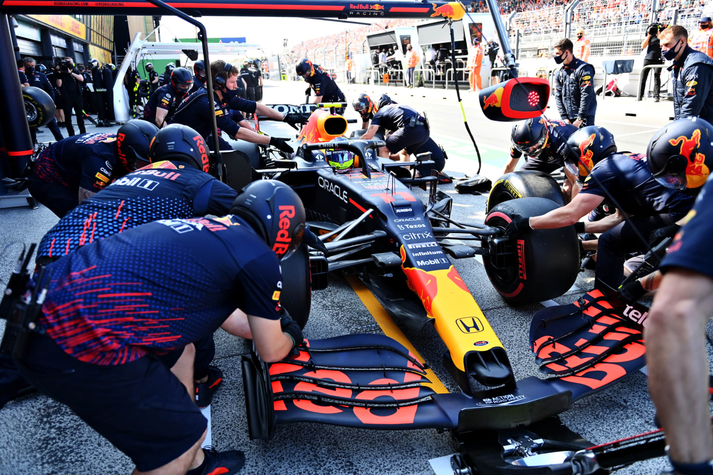 ZANDVOORT, NETHERLANDS - SEPTEMBER 03: Sergio Perez of Mexico driving the (11) Red Bull Racing