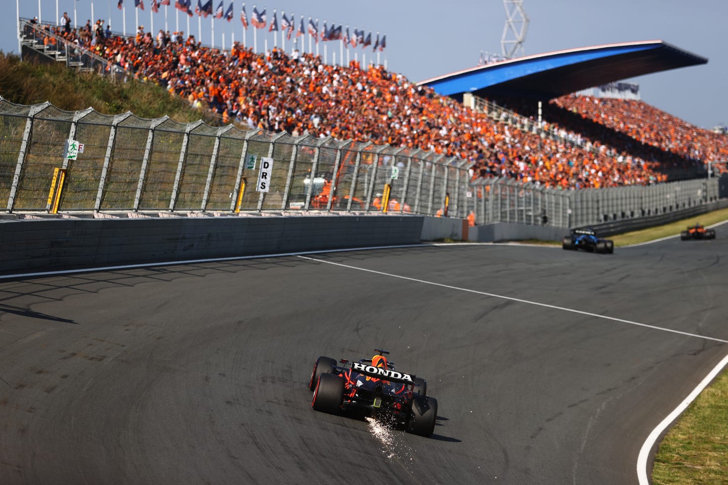 ZANDVOORT, NETHERLANDS - SEPTEMBER 03: Sparks fly behind Max Verstappen of the Netherlands driving