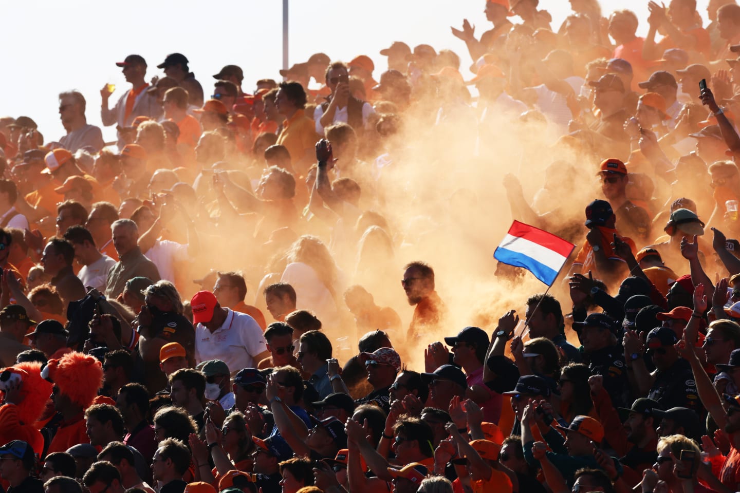 ZANDVOORT, NETHERLANDS - SEPTEMBER 04: Max Verstappen of Netherlands and Red Bull Racing fans show