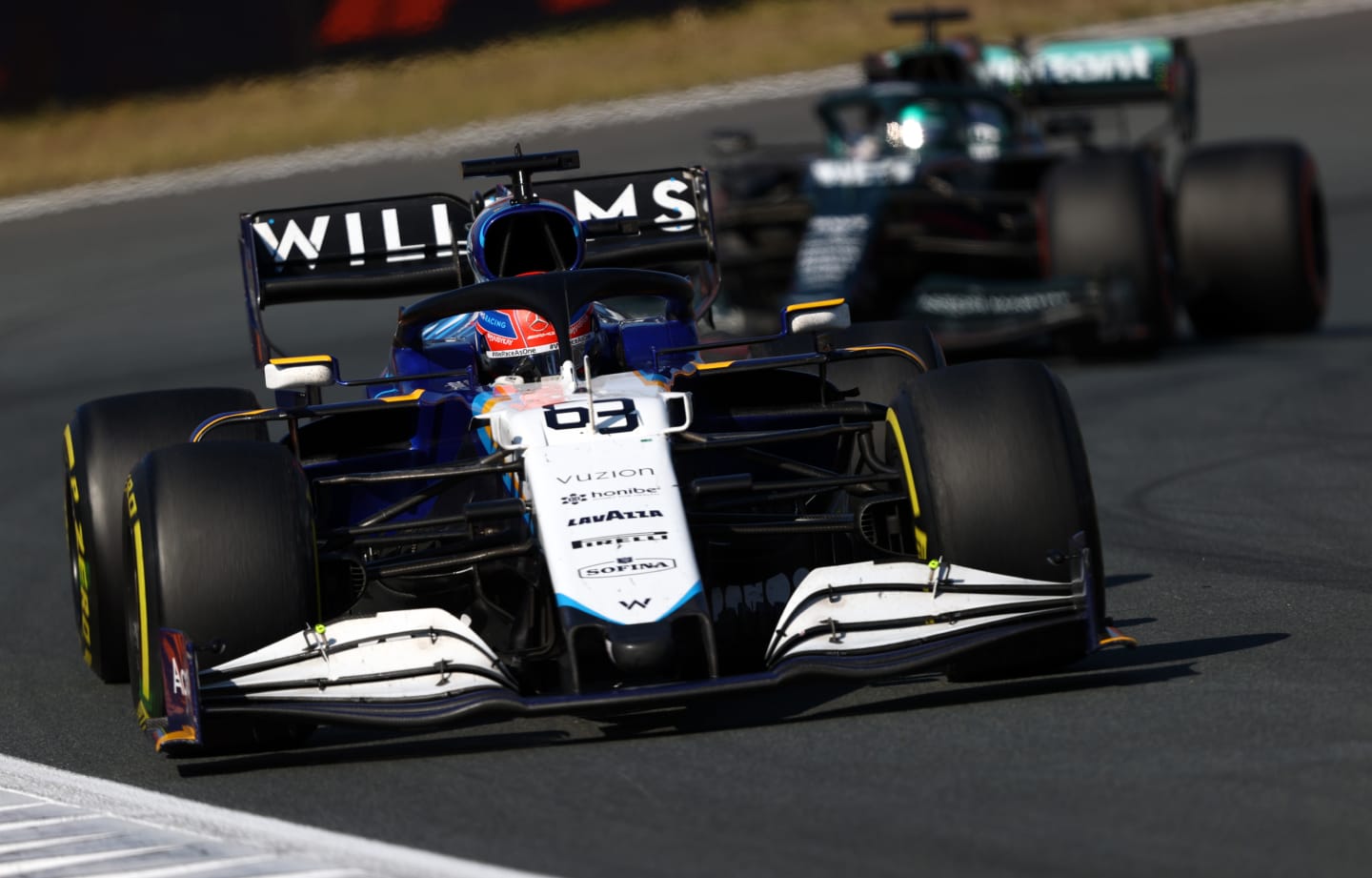 ZANDVOORT, NETHERLANDS - SEPTEMBER 05: George Russell of Great Britain driving the (63) Williams Racing FW43B Mercedes during the F1 Grand Prix of The Netherlands at Circuit Zandvoort on September 05, 2021 in Zandvoort, Netherlands. (Photo by Bryn Lennon/Getty Images)
