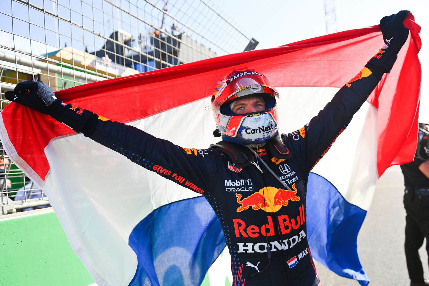ZANDVOORT, NETHERLANDS - SEPTEMBER 05: Race winner Max Verstappen of Netherlands and Red Bull Racing celebrates in parc ferme during the F1 Grand Prix of The Netherlands at Circuit Zandvoort on September 05, 2021 in Zandvoort, Netherlands. (Photo by Dan Mullan/Getty Images)