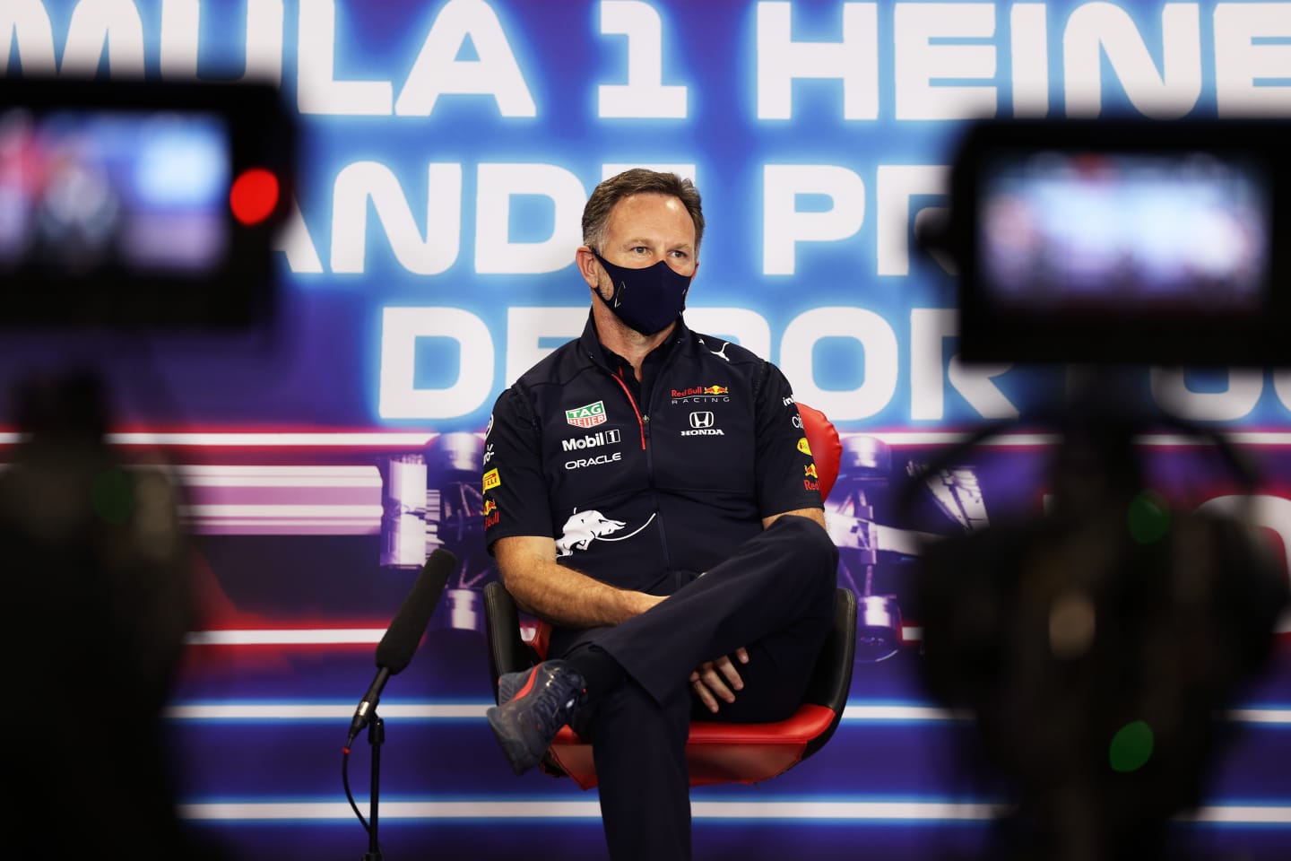 PORTIMAO, PORTUGAL - APRIL 30: Red Bull Racing Team Principal Christian Horner talks in the Team Principals Press Conference during practice ahead of the F1 Grand Prix of Portugal at Autodromo Internacional Do Algarve on April 30, 2021 in Portimao, Portugal. (Photo by Lars Baron/Getty Images)