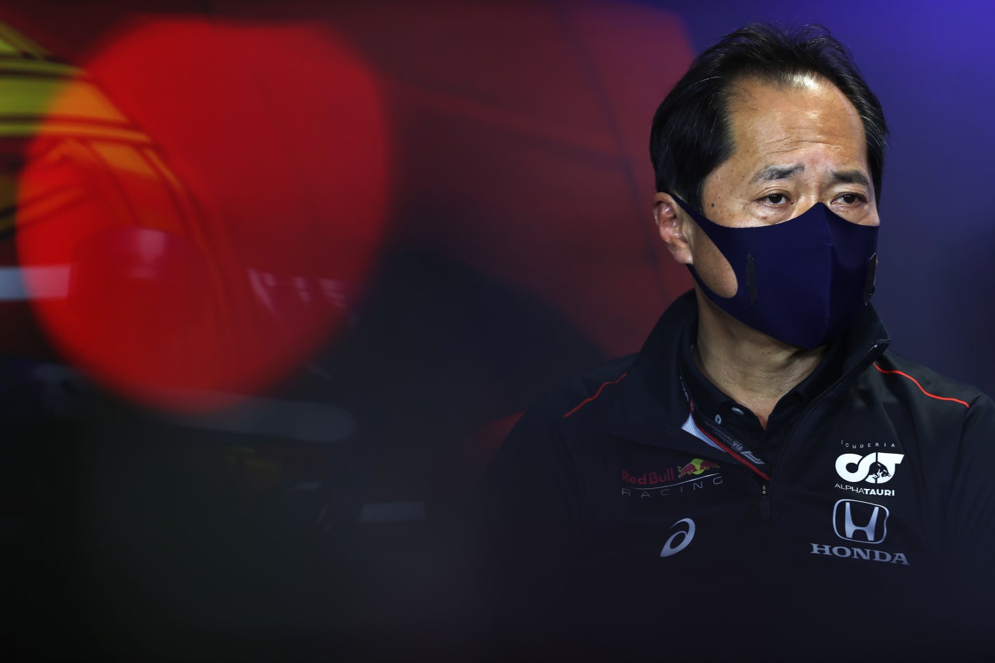 PORTIMAO, PORTUGAL - APRIL 30: Toyoharu Tanabe of Honda and Scuderia AlphaTauri talks in the Team Principals Press Conference during practice ahead of the F1 Grand Prix of Portugal at Autodromo Internacional Do Algarve on April 30, 2021 in Portimao, Portugal. (Photo by Lars Baron/Getty Images)